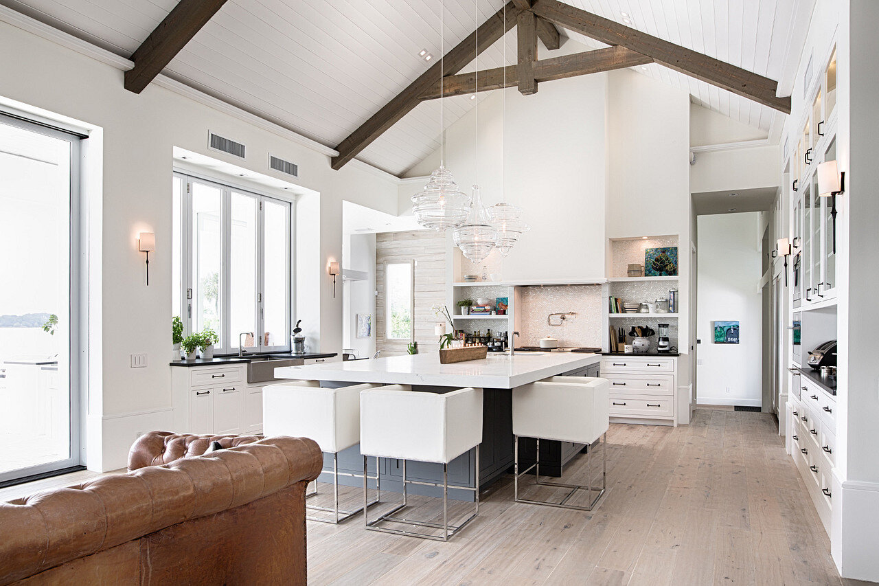 Custom kitchen at 7 AM — bright daylight scene programmed on Lutron control system